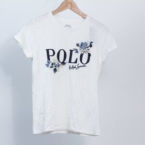 NWT Polo Ralph Lauren Floral Embroidered POLO Logo Womens White T-Shirt, Small